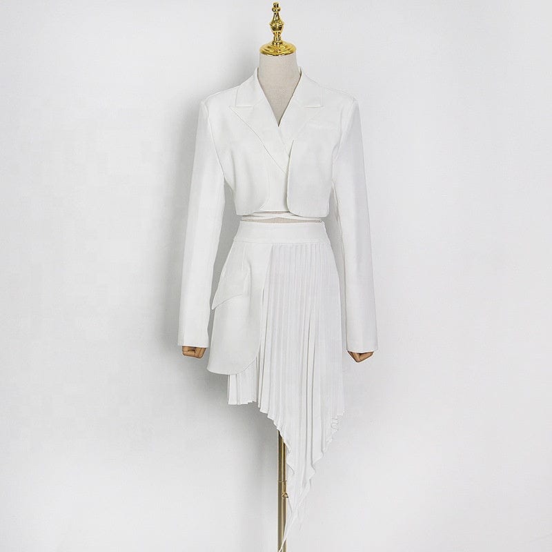 Fashion plain elegant bandage crop top blazer and irregular pleated skirt 2 two piece sets casual blazer set for women