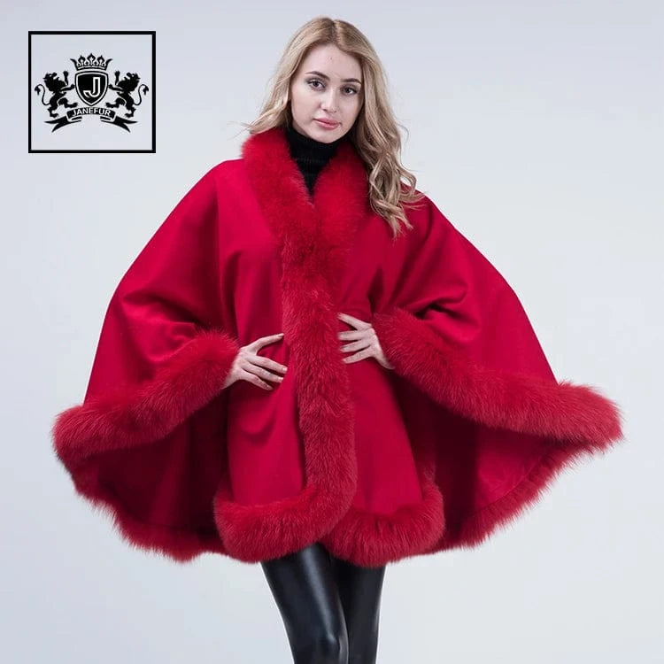 Fashion Plus Size Genuine Fox Fur Cashmere Shawl Warm Fox Fur Cape Soft Fur Poncho For Ladies