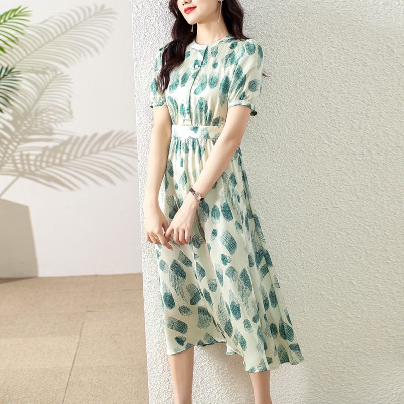 Fashion printing dress small waist slim temperament green printing high-end 2022 summer new TA8598059