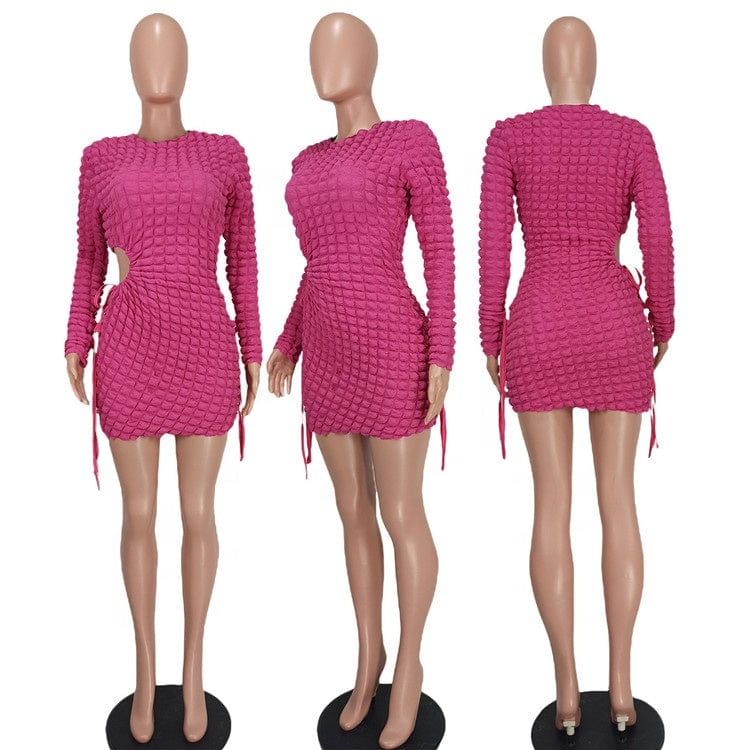 Fashion Puff Fabric Mini Bodycon Dress for Nightclub Hollow Out Drawstring Long Sleeves Round Neck Stretchy Party Dresses