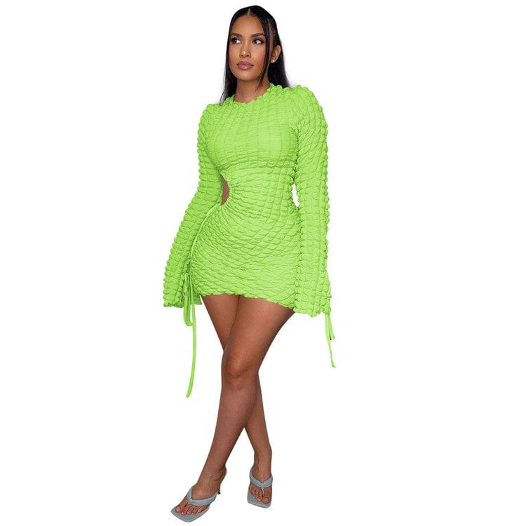 Fashion Puff Fabric Mini Bodycon Dress for Nightclub Hollow Out Drawstring Long Sleeves Round Neck Stretchy Party Dresses