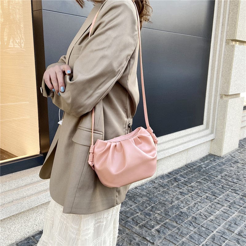 Fashion Pure Color High Quality Leather Ruched Pattern Cloud Shape Women Shoulder Bag