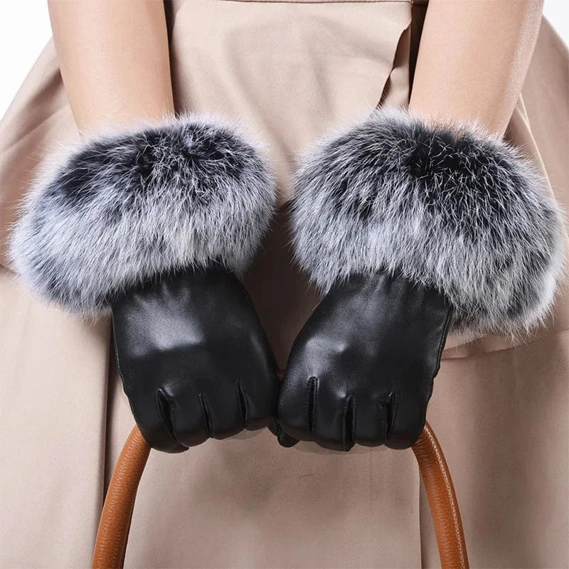 Fashion purple smartphone fleece rex rabbit fur cow split leather gloves for woman