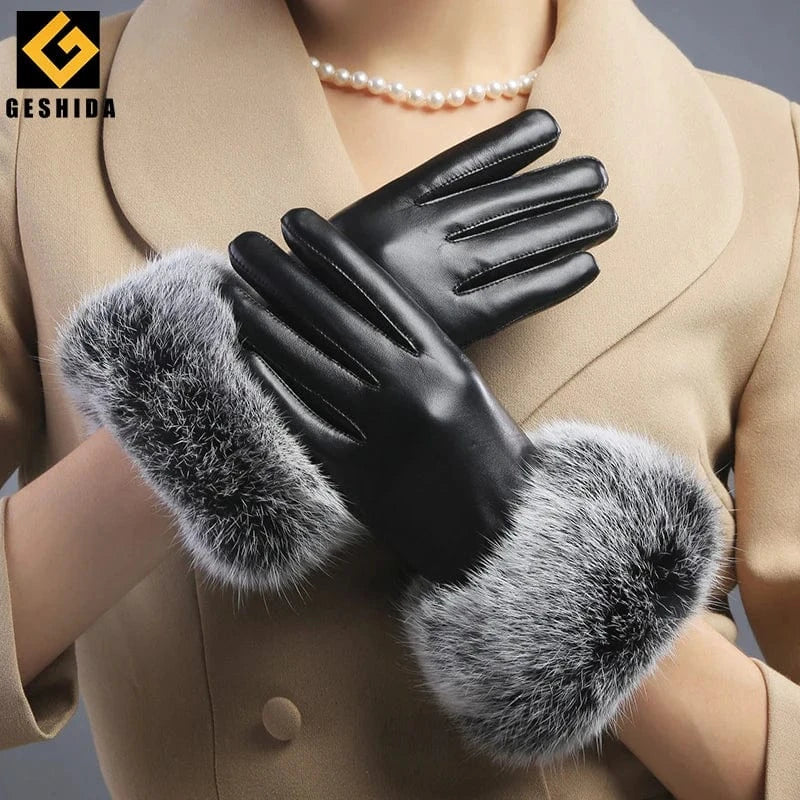 Fashion purple smartphone fleece rex rabbit fur cow split leather gloves for woman