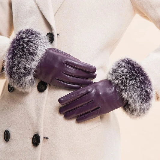 Fashion purple smartphone fleece rex rabbit fur cow split leather gloves for woman
