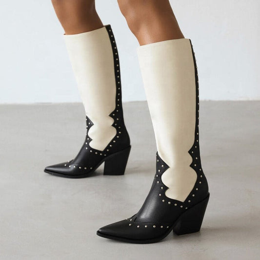 Fashion Rivets Pointed Toe Color Matching Western Boots Chunky Midi Heel Slip-on High Quality Handmade Knee High Cowboy Boots