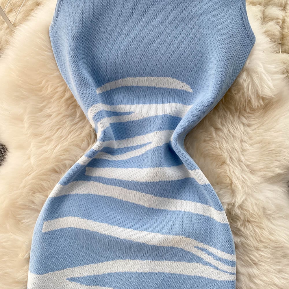 Fashion Round Collar Sleeveless Patchwork Zebra Stripe Split Knit Bodycon Dresses Women Lady Elegant Knitting Dresses