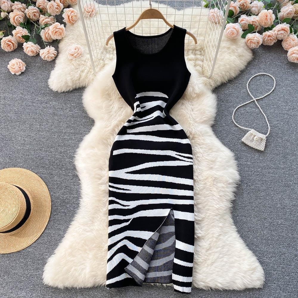 Fashion Round Collar Sleeveless Patchwork Zebra Stripe Split Knit Bodycon Dresses Women Lady Elegant Knitting Dresses