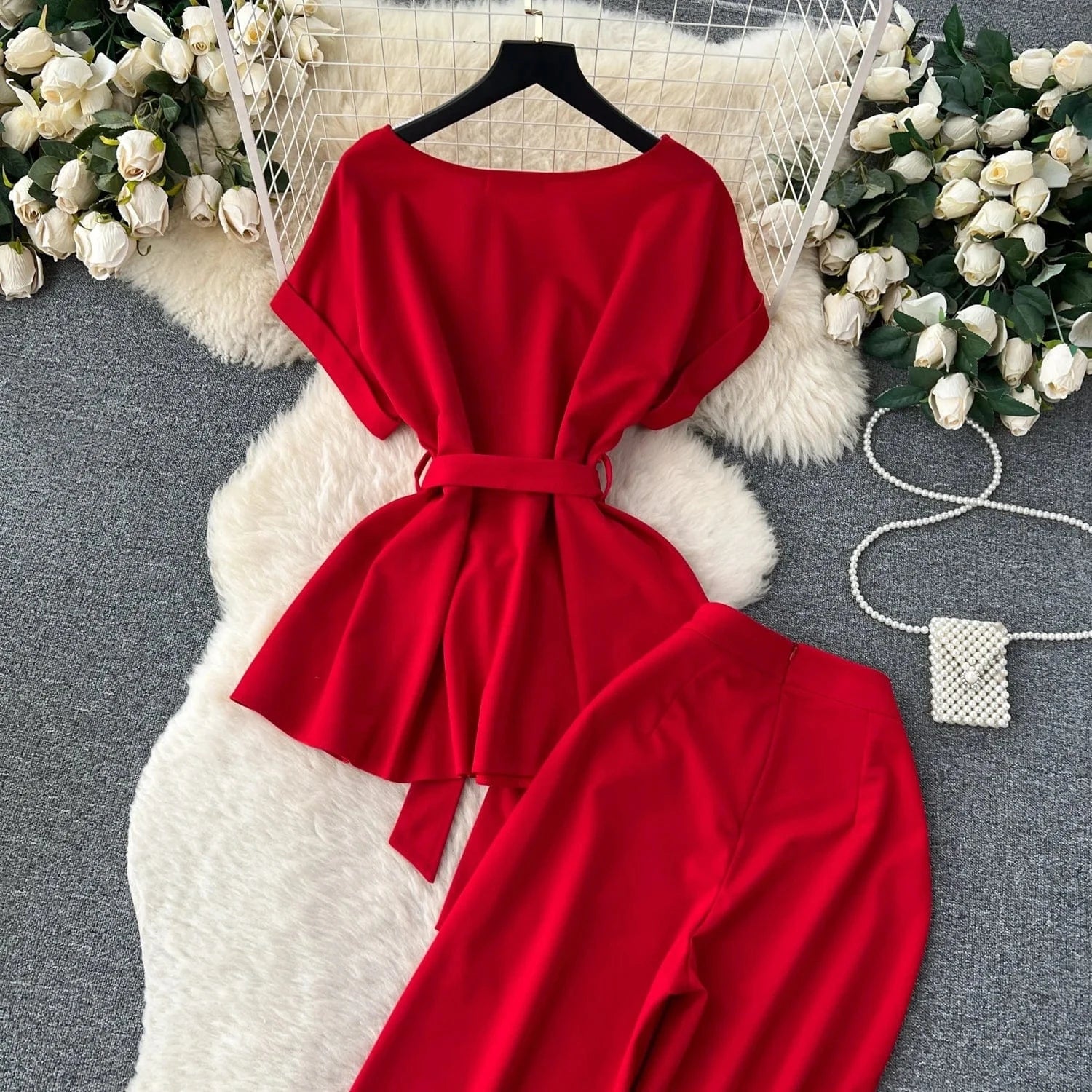 Fashion Round Neck Short Sleeve Tie Top Two Piece Women Casual Loose Wide Leg Pants 2 Pieces