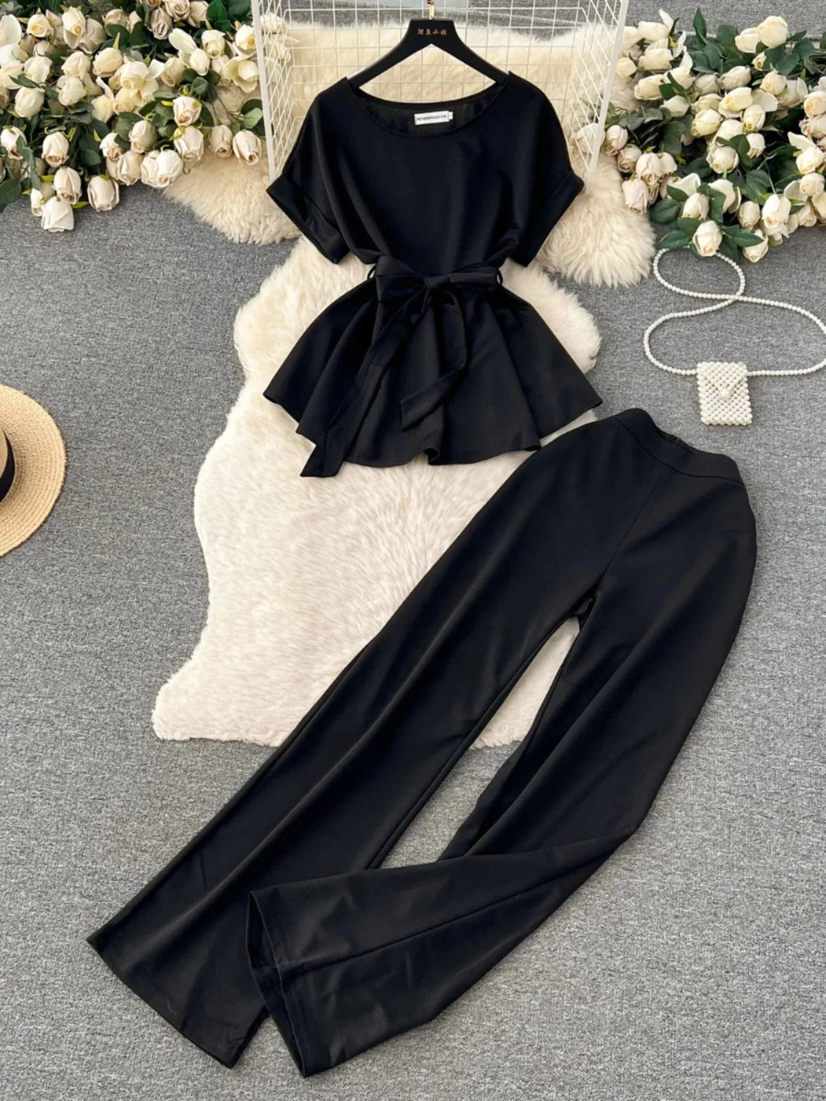 Fashion Round Neck Short Sleeve Tie Top Two Piece Women Casual Loose Wide Leg Pants 2 Pieces