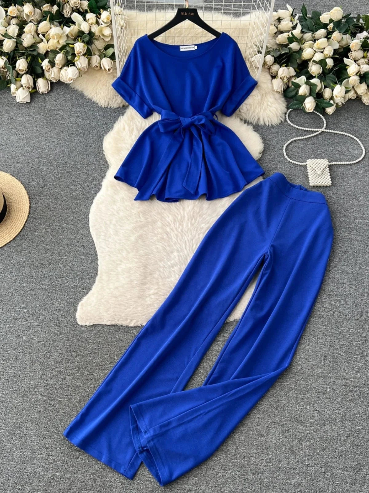 Fashion Round Neck Short Sleeve Tie Top Two Piece Women Casual Loose Wide Leg Pants 2 Pieces