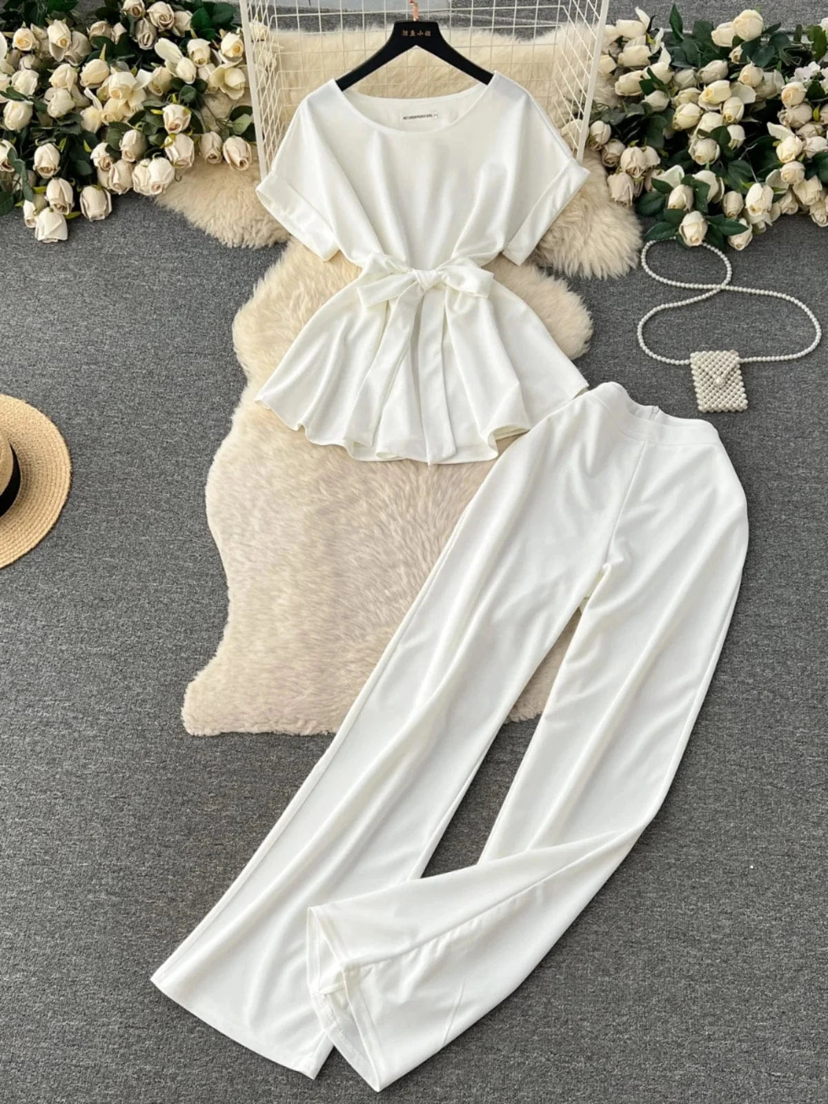 Fashion Round Neck Short Sleeve Tie Top Two Piece Women Casual Loose Wide Leg Pants 2 Pieces