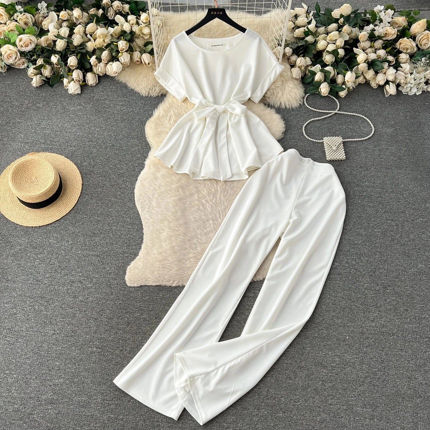 Fashion Round Neck Short Sleeve Tie Top Two Piece Women Casual Loose Wide Leg Pants 2 Pieces