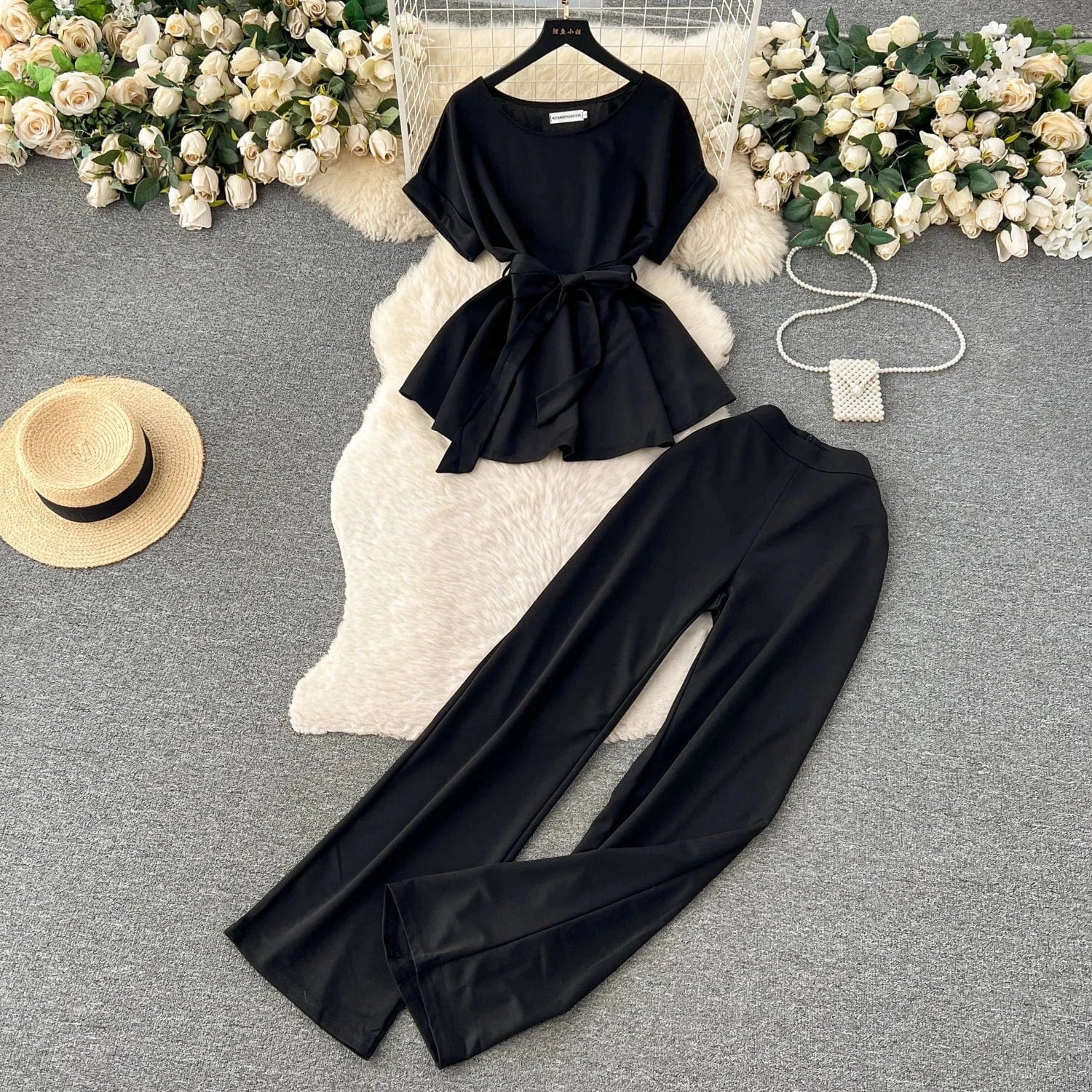 Fashion Round Neck Short Sleeve Tie Top Two Piece Women Casual Loose Wide Leg Pants 2 Pieces