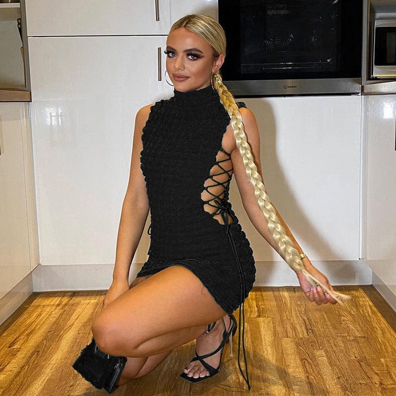Fashion Round Neck Sleeveless Sexy Short Skirt Side Tie Hollow Long Dress women Slim Hips Bodycon  Dress