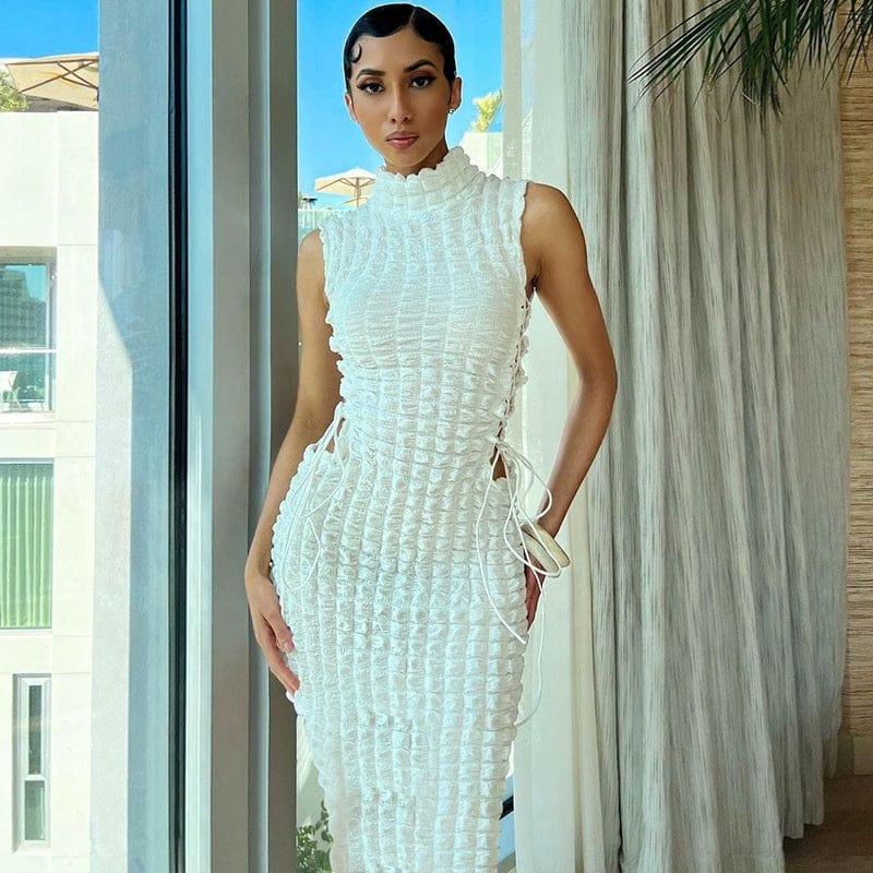 Fashion Round Neck Sleeveless Sexy Short Skirt Side Tie Hollow Long Dress women Slim Hips Bodycon  Dress
