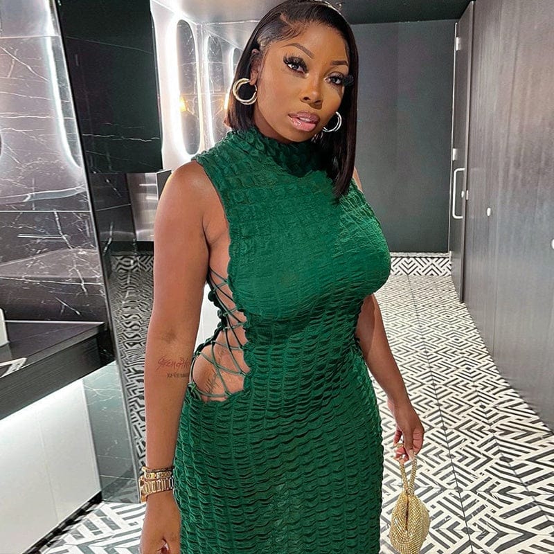 Fashion Round Neck Sleeveless Sexy Short Skirt Side Tie Hollow Long Dress women Slim Hips Bodycon  Dress
