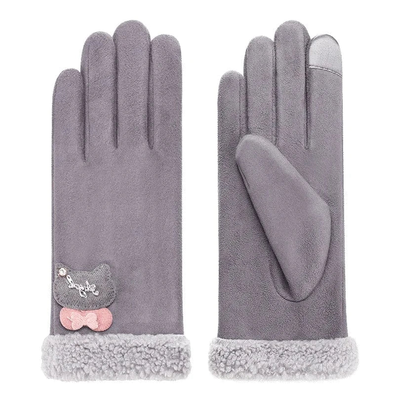 Fashion sensitive touch screen faux fur cuff suede fabric red bike riding winter women gloves