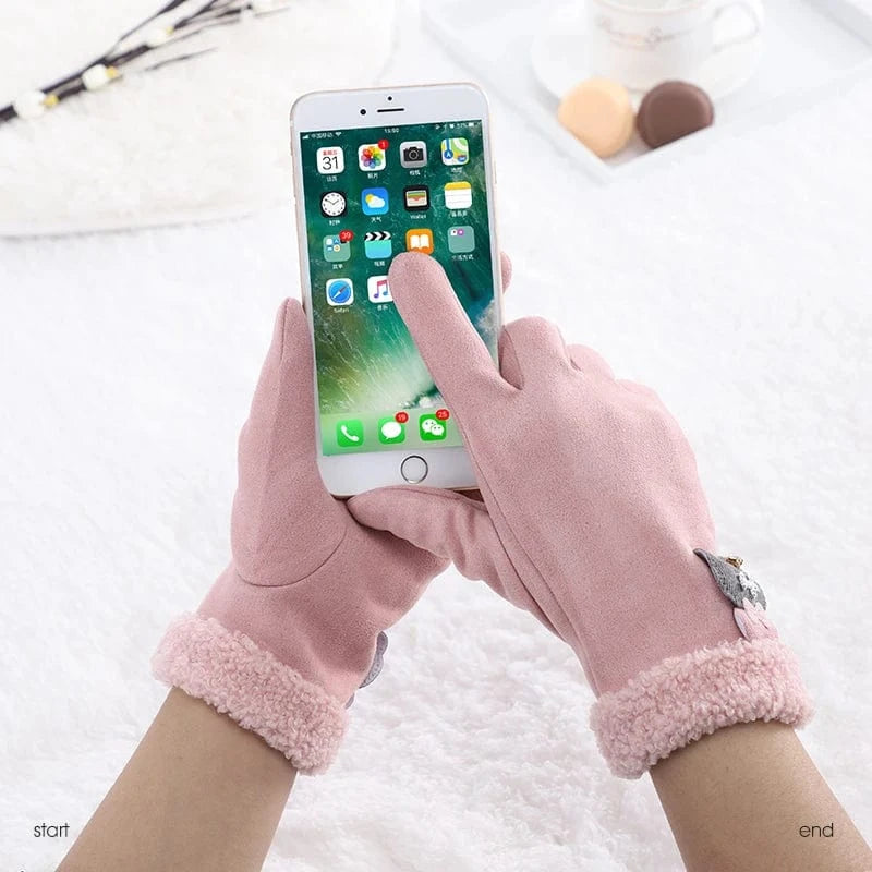 Fashion sensitive touch screen faux fur cuff suede fabric red bike riding winter women gloves