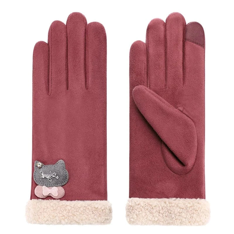 Fashion sensitive touch screen faux fur cuff suede fabric red bike riding winter women gloves