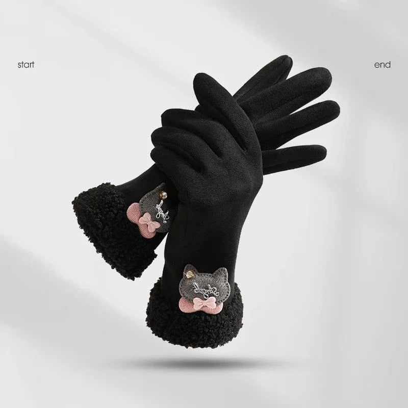 Fashion sensitive touch screen faux fur cuff suede fabric red bike riding winter women gloves