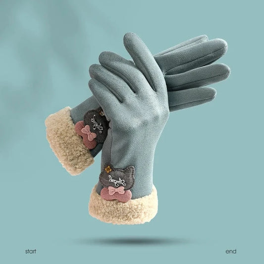 Fashion sensitive touch screen faux fur cuff suede fabric red bike riding winter women gloves