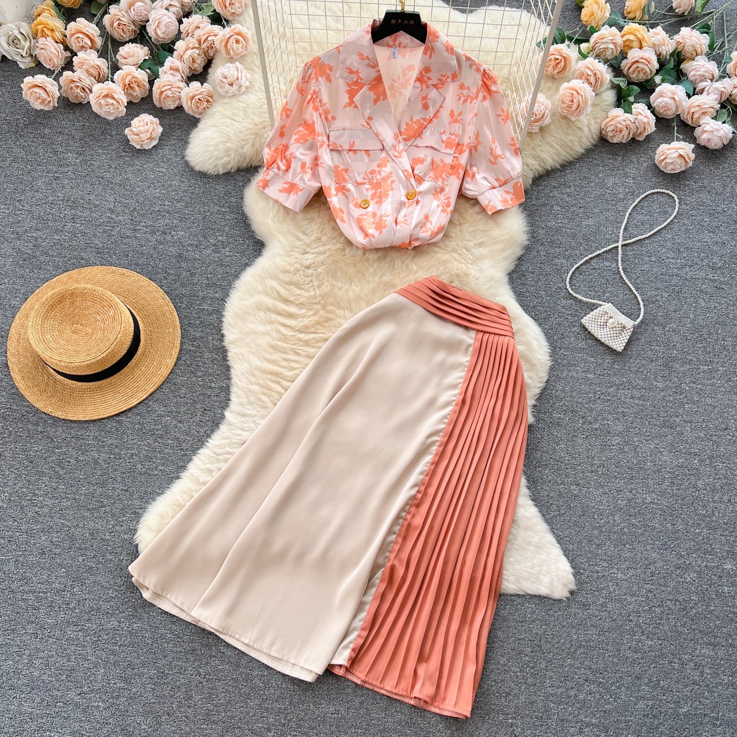 Fashion set women's high-end printed satin shirt and irregular high waisted slimming skirt suit