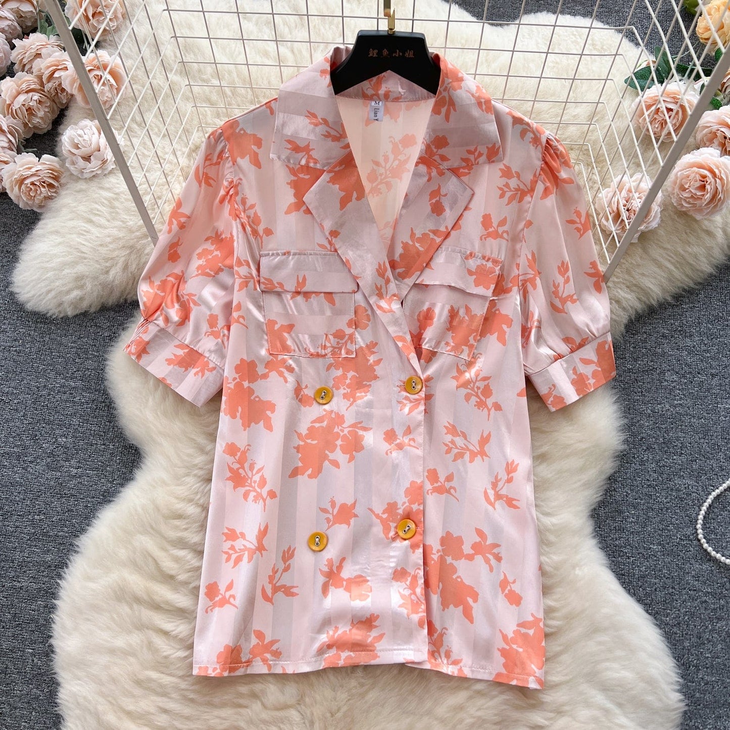 Fashion set women's high-end printed satin shirt and irregular high waisted slimming skirt suit