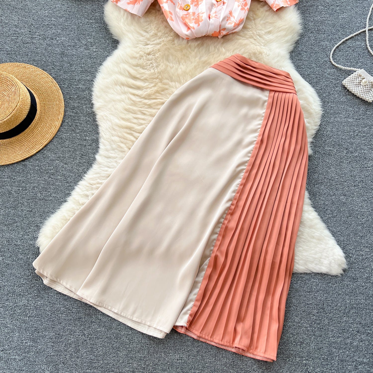 Fashion set women's high-end printed satin shirt and irregular high waisted slimming skirt suit