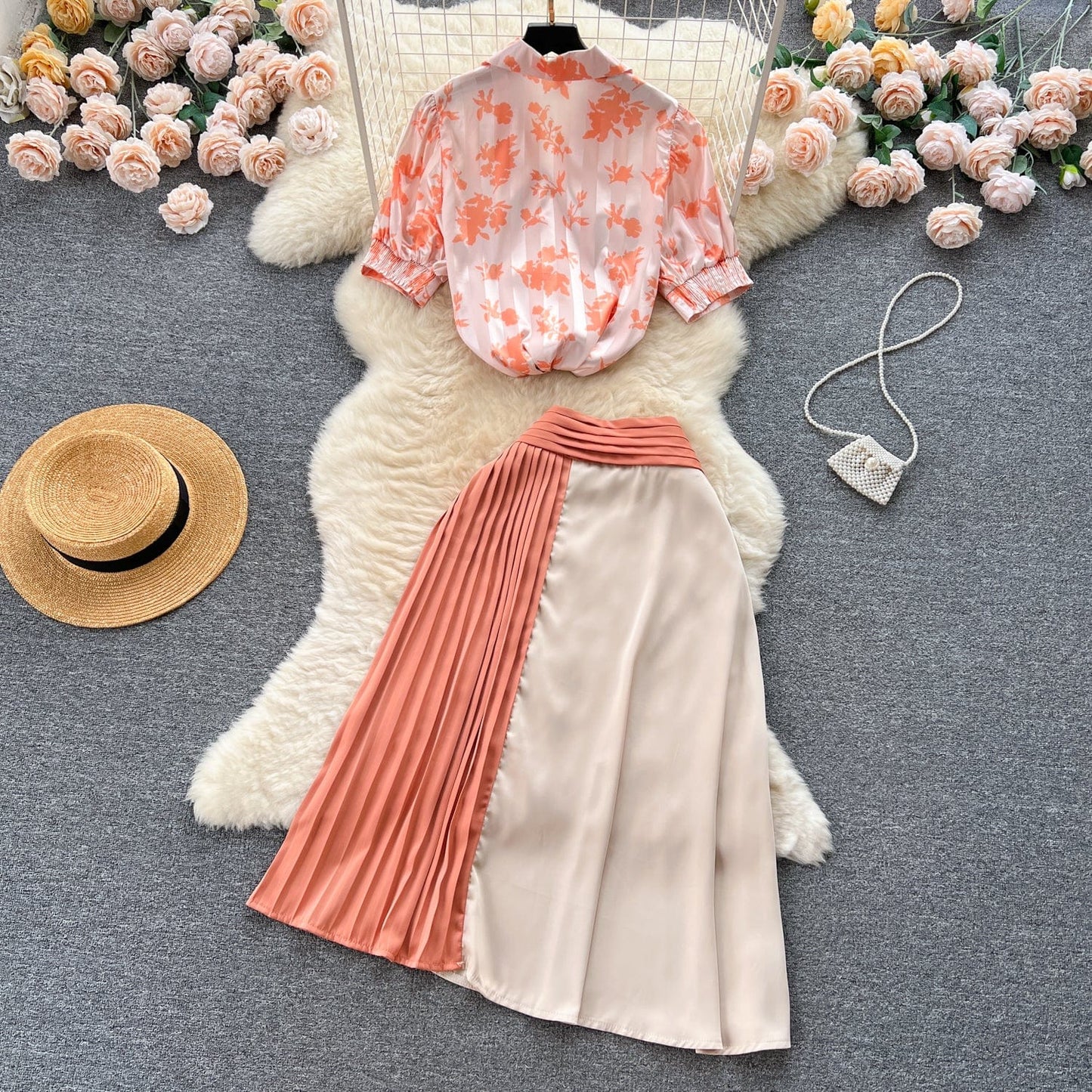 Fashion set women's high-end printed satin shirt and irregular high waisted slimming skirt suit