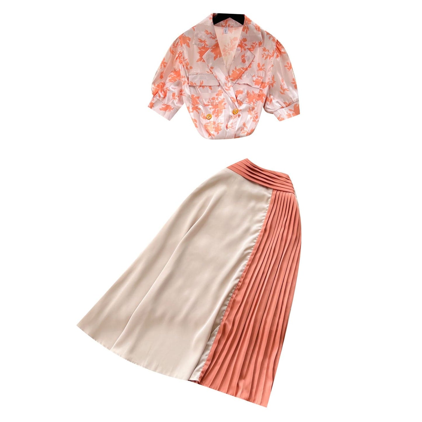 Fashion set women's high-end printed satin shirt and irregular high waisted slimming skirt suit