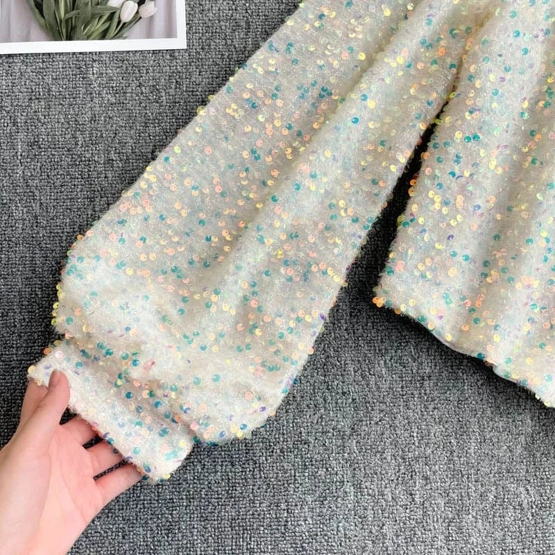 Fashion Sexy Slant Neck Strapless One Side Sleeve Slim Short Sequins Velvet Long Sleeve Top Women