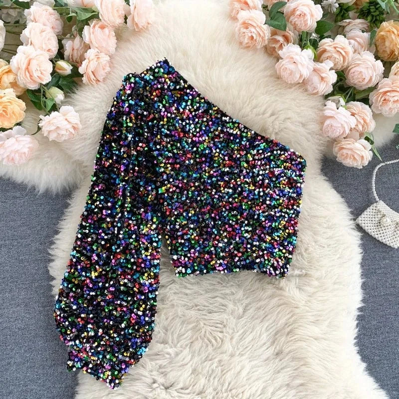 Fashion Sexy Slant Neck Strapless One Side Sleeve Slim Short Sequins Velvet Long Sleeve Top Women