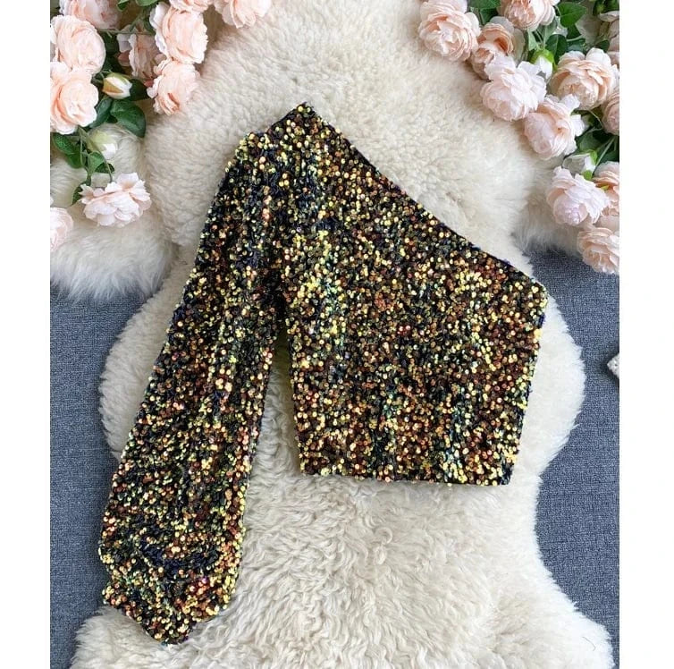 Fashion Sexy Slant Neck Strapless One Side Sleeve Slim Short Sequins Velvet Long Sleeve Top Women