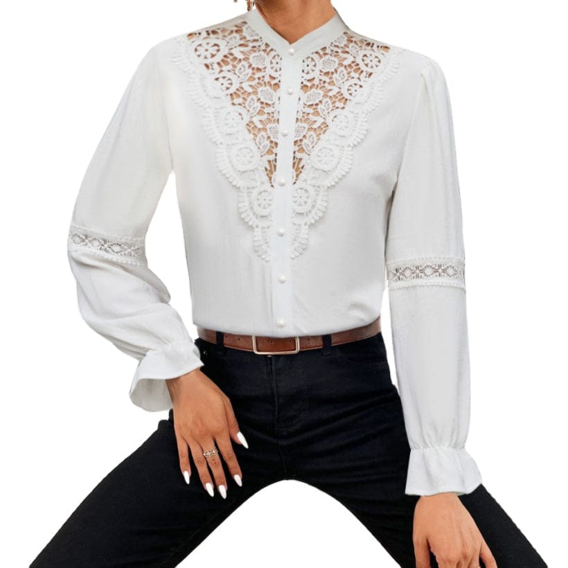 Fashion sexy white Lace Patchwork Hollow Blouse for Women's 2022 Autumn Long Sleeve Button Vintage Elegant ladies Shirt Tops