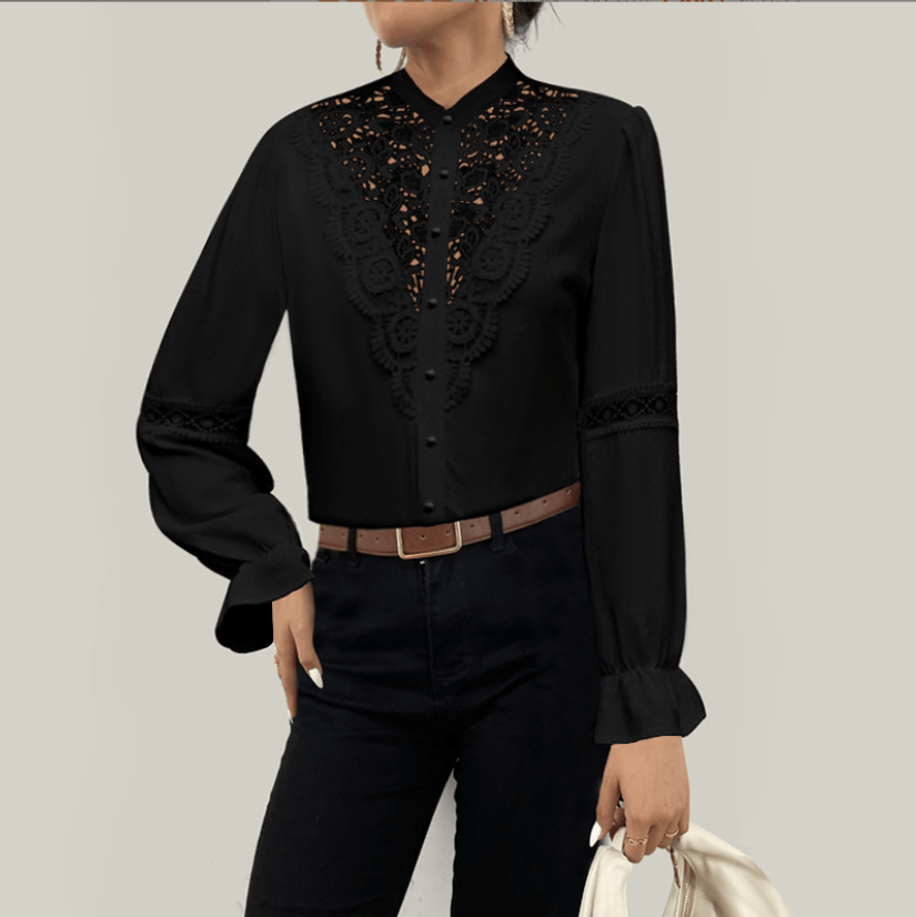 Fashion sexy white Lace Patchwork Hollow Blouse for Women's 2022 Autumn Long Sleeve Button Vintage Elegant ladies Shirt Tops