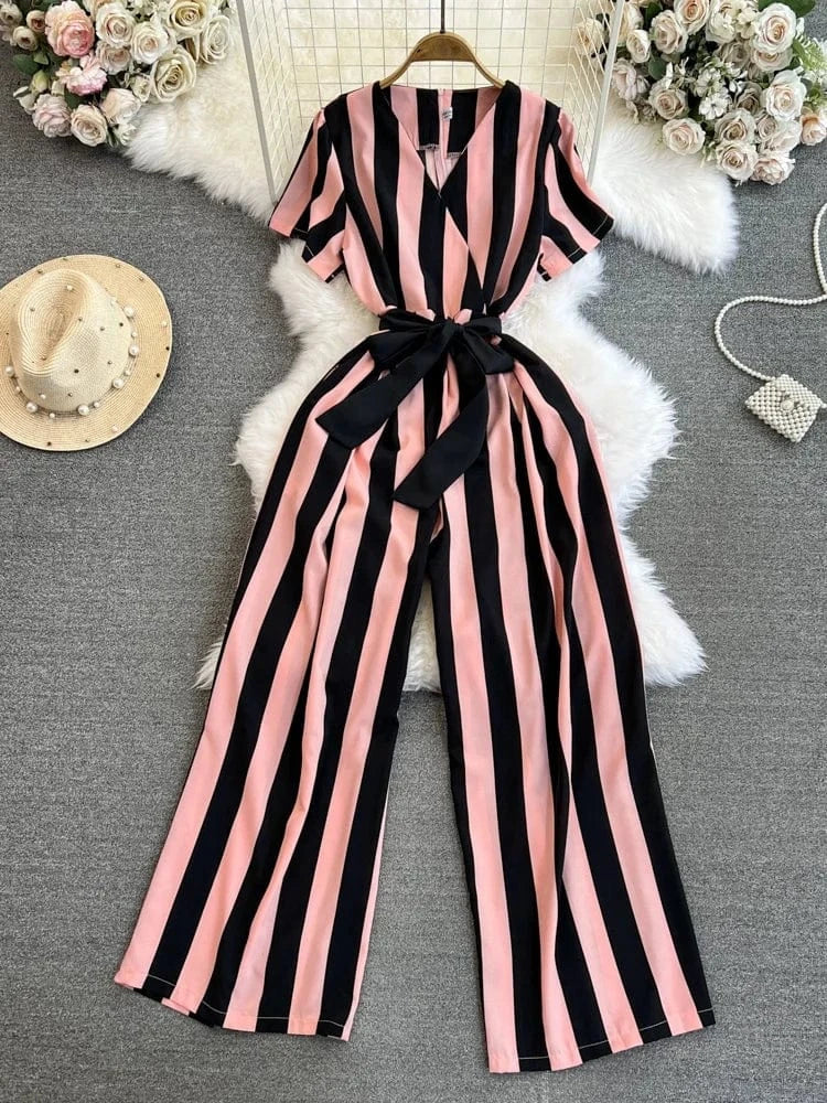 Fashion Short Sleeve V-Neck Striped Casual High Waist Straight Leg Wide Leg Pants Jumpsuit