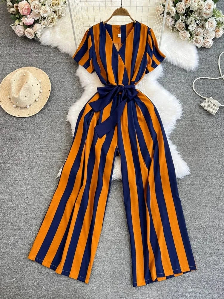 Fashion Short Sleeve V-Neck Striped Casual High Waist Straight Leg Wide Leg Pants Jumpsuit