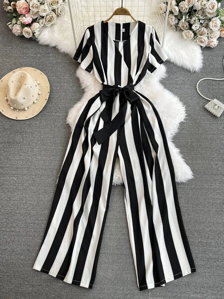 Fashion Short Sleeve V-Neck Striped Casual High Waist Straight Leg Wide Leg Pants Jumpsuit