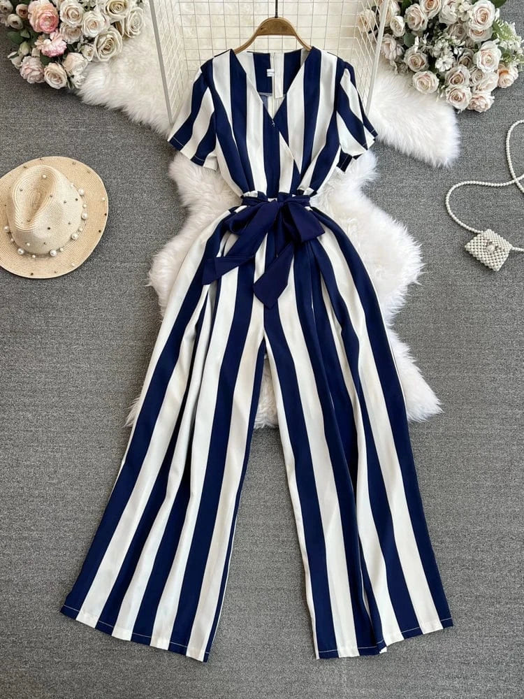 Fashion Short Sleeve V-Neck Striped Casual High Waist Straight Leg Wide Leg Pants Jumpsuit