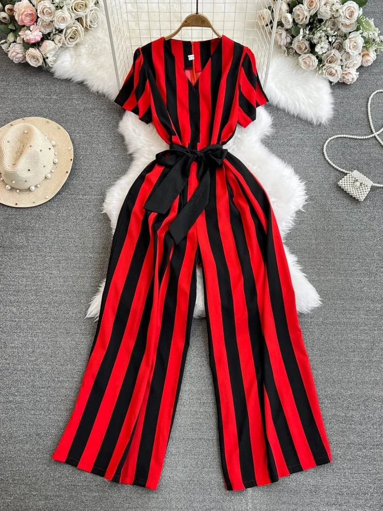 Fashion Short Sleeve V-Neck Striped Casual High Waist Straight Leg Wide Leg Pants Jumpsuit