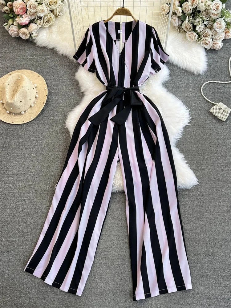 Fashion Short Sleeve V-Neck Striped Casual High Waist Straight Leg Wide Leg Pants Jumpsuit