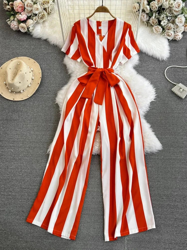 Fashion Short Sleeve V-Neck Striped Casual High Waist Straight Leg Wide Leg Pants Jumpsuit