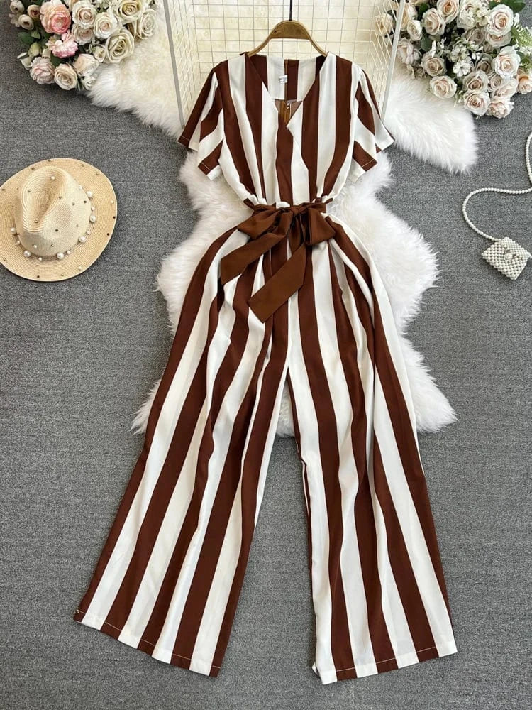 Fashion Short Sleeve V-Neck Striped Casual High Waist Straight Leg Wide Leg Pants Jumpsuit