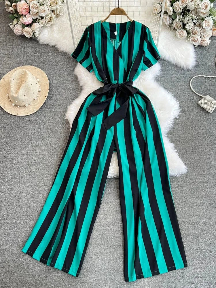 Fashion Short Sleeve V-Neck Striped Casual High Waist Straight Leg Wide Leg Pants Jumpsuit