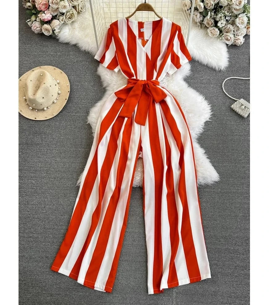 Fashion Short Sleeve V-Neck Striped Casual High Waist Straight Leg Wide Leg Pants Jumpsuit
