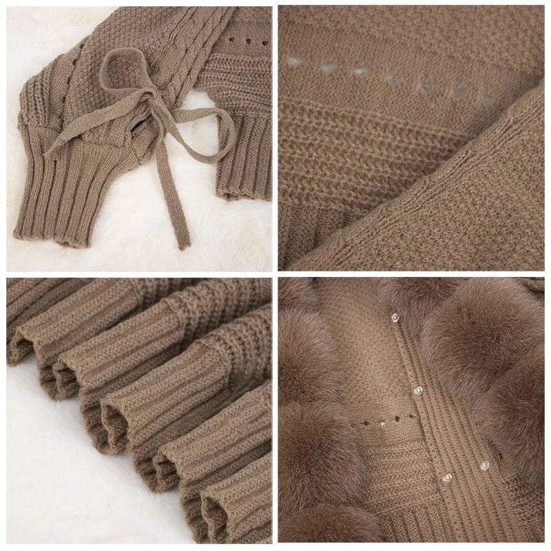 Fashion Short Sweater Coat Luxury Real Fox Fur Trimming Cardigan for Women