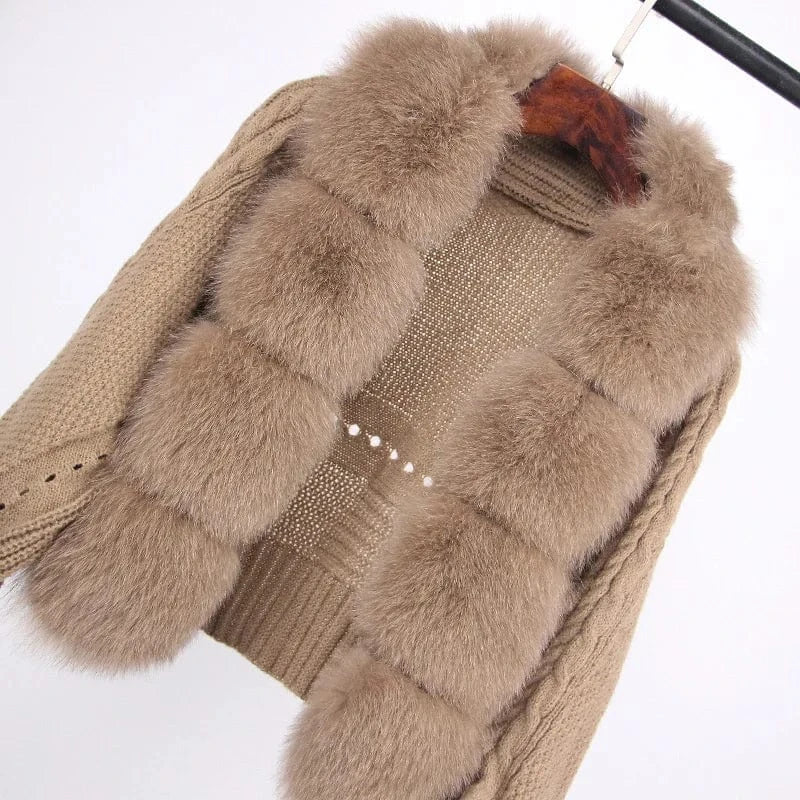 Fashion Short Sweater Coat Luxury Real Fox Fur Trimming Cardigan for Women