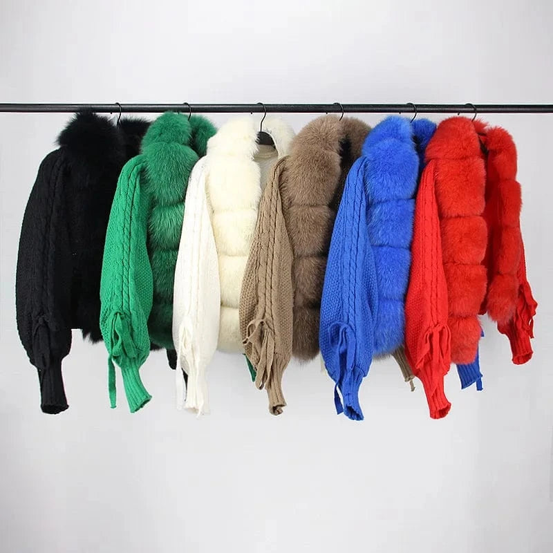 Fashion Short Sweater Coat Luxury Real Fox Fur Trimming Cardigan for Women