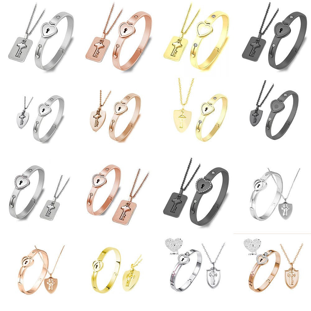 Fashion Silver Plated Heart Locks Couple Concentric Lock Key Jewelry Wholesale Stainless Steel Keychain Bangle Bracelet